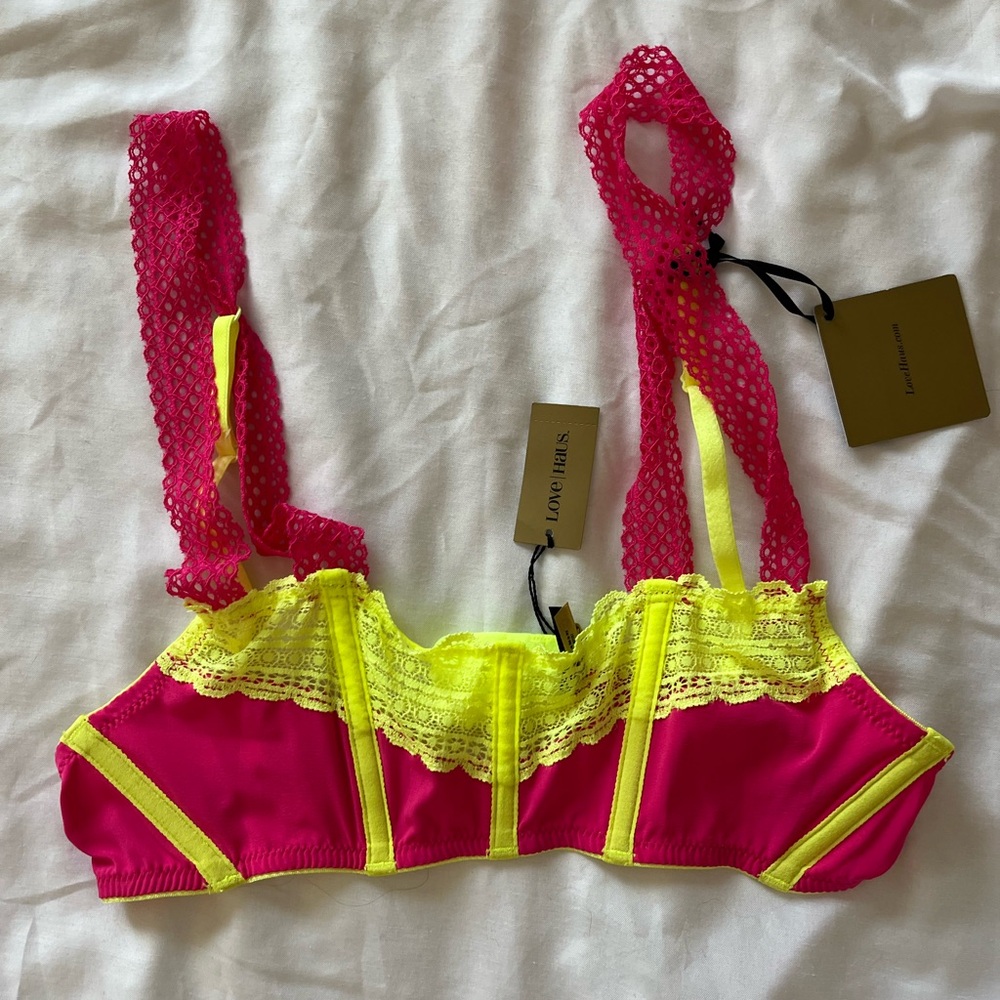 Love Haus by Beach Bunny Green Yellow Lace Bralette Lingerie XS